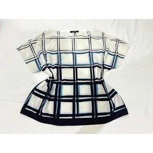 Alex Marie White And Blue Windowpane Grid Plaid Blouse Top- Size XL